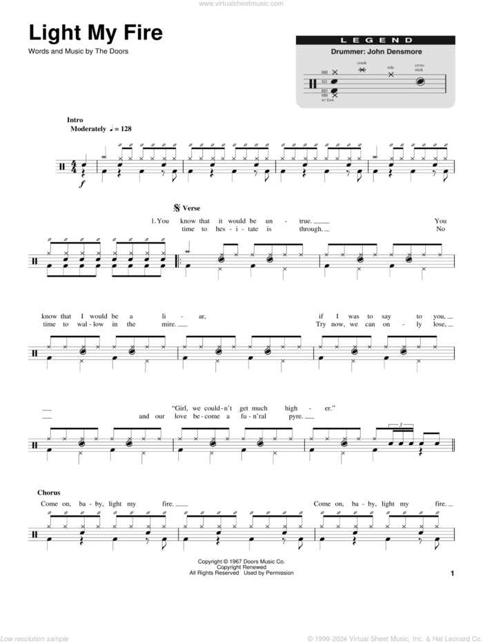 Light My Fire sheet music for drums by The Doors, intermediate skill level