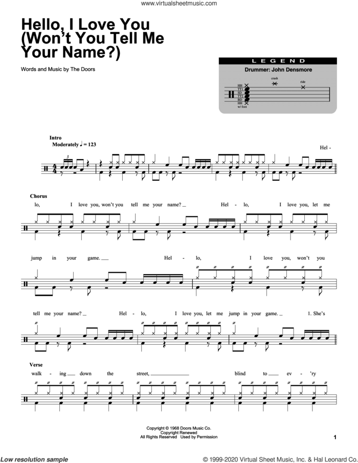Hello, I Love You (Won't You Tell Me Your Name?) sheet music for drums by The Doors, intermediate skill level