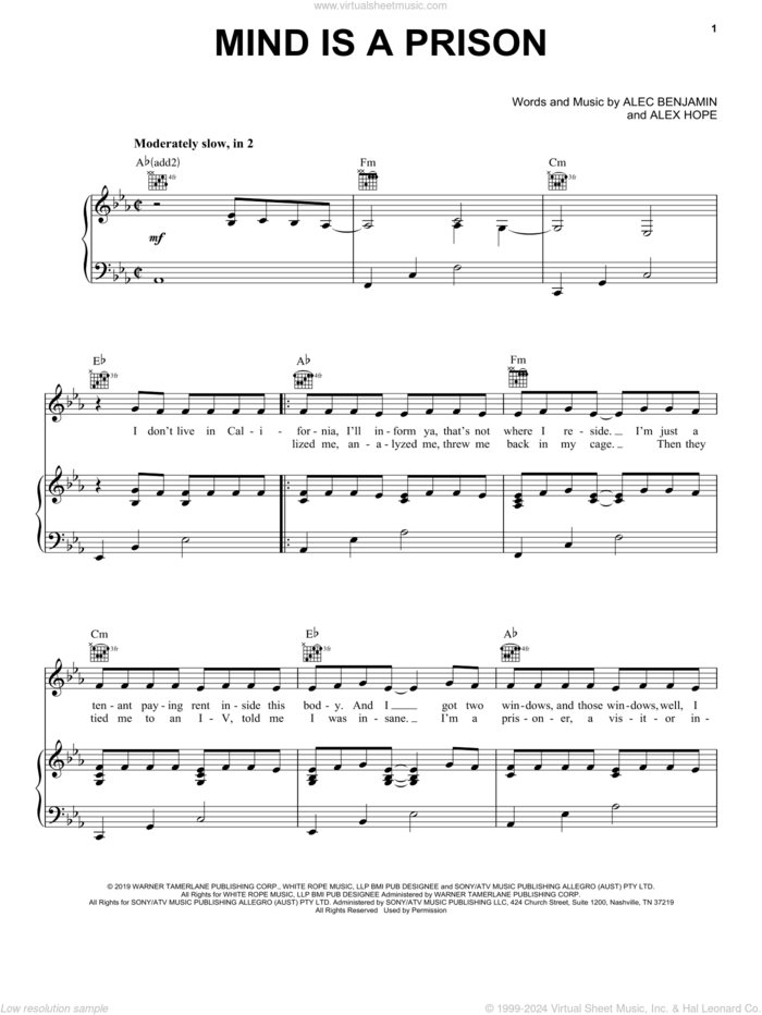 Mind Is A Prison sheet music for voice, piano or guitar by Alec Benjamin and Alex Hope, intermediate skill level