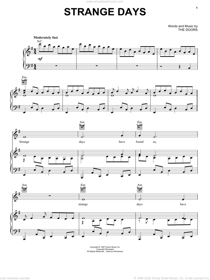 Strange Days sheet music for voice, piano or guitar by The Doors, intermediate skill level