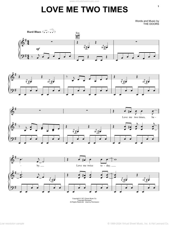 Love Me Two Times sheet music for voice, piano or guitar by The Doors, intermediate skill level