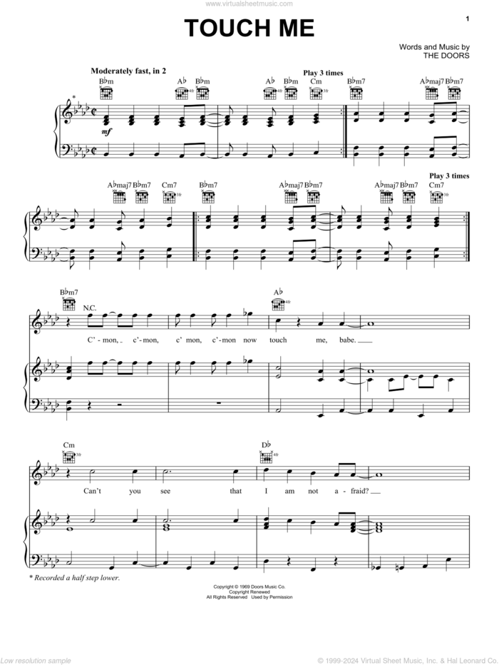Touch Me sheet music for voice, piano or guitar by The Doors, intermediate skill level