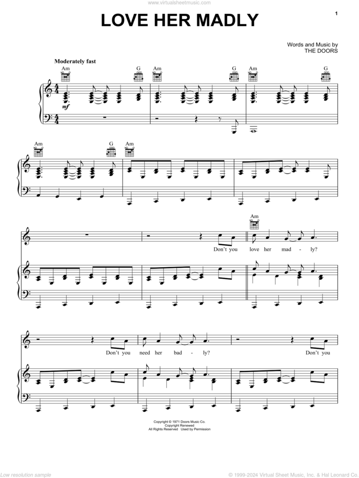 Love Her Madly sheet music for voice, piano or guitar by The Doors, intermediate skill level