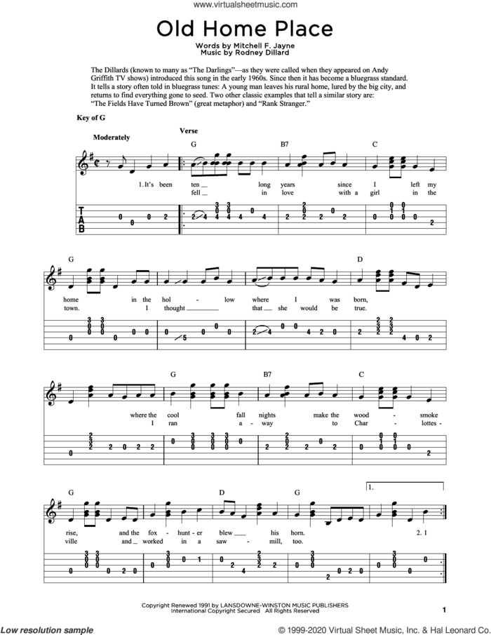Old Home Place sheet music for guitar solo by The Dillards, Fred Sokolow, Mitchell F. Jayne and Rodney Dillard, intermediate skill level