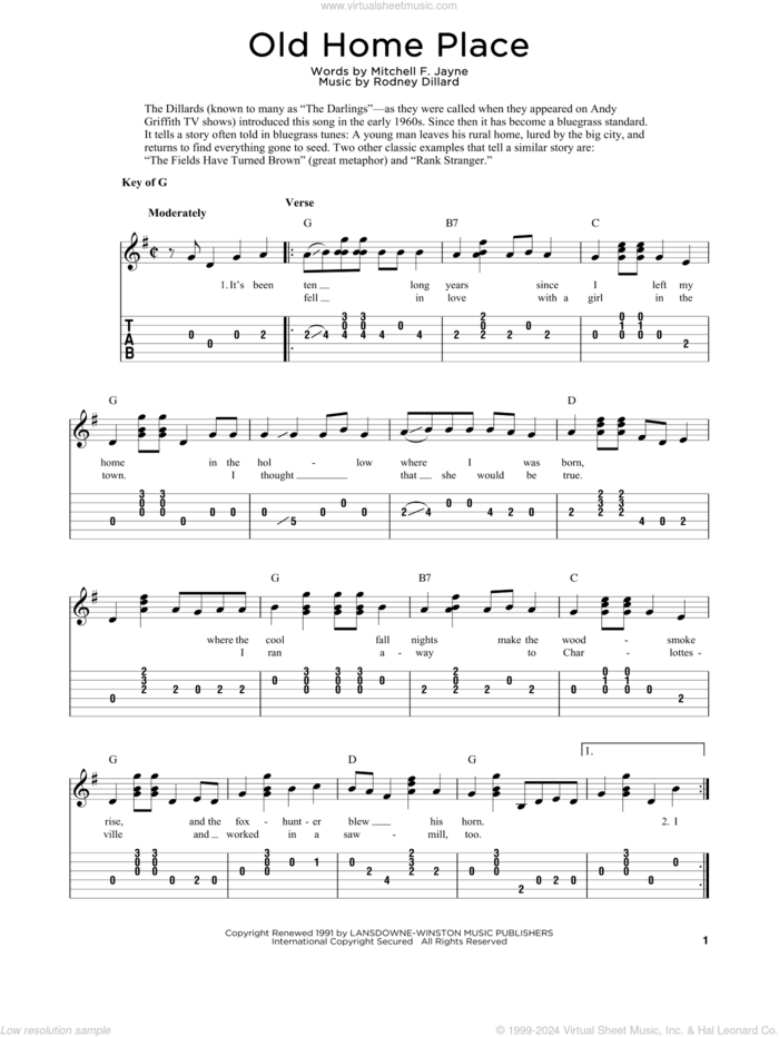 Old Home Place sheet music for guitar solo by The Dillards, Fred Sokolow, Mitchell F. Jayne and Rodney Dillard, intermediate skill level