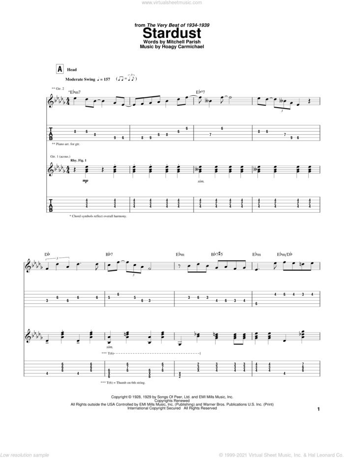 Stardust sheet music for guitar (tablature) by Django Reinhardt, Artie Shaw, Hoagy Carmichael and Mitchell Parish, intermediate skill level