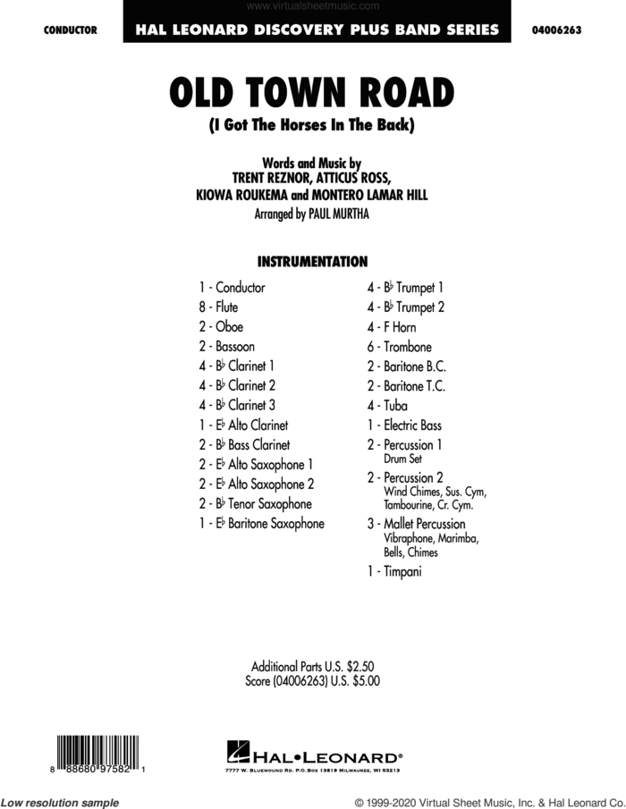 Old Town Road (arr. Paul Murtha) (COMPLETE) sheet music for concert band by Paul Murtha, Atticus Ross, Billy Ray Cyrus, Kiowa Roukema, Lil Nas X, Lil Nas X feat. Billy Ray Cyrus, Montero Lamar Hill and Trent Reznor, intermediate skill level