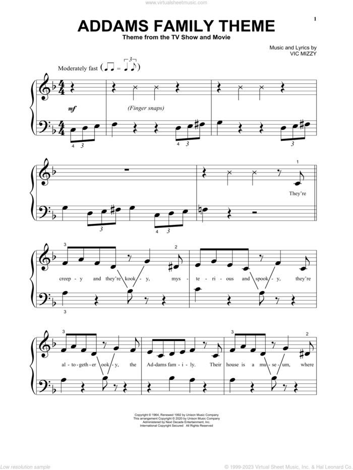 Addams Family Theme sheet music for piano solo by Vic Mizzy, beginner skill level