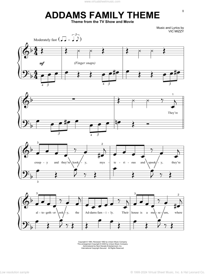 Addams Family Theme sheet music for piano solo by Vic Mizzy, beginner skill level