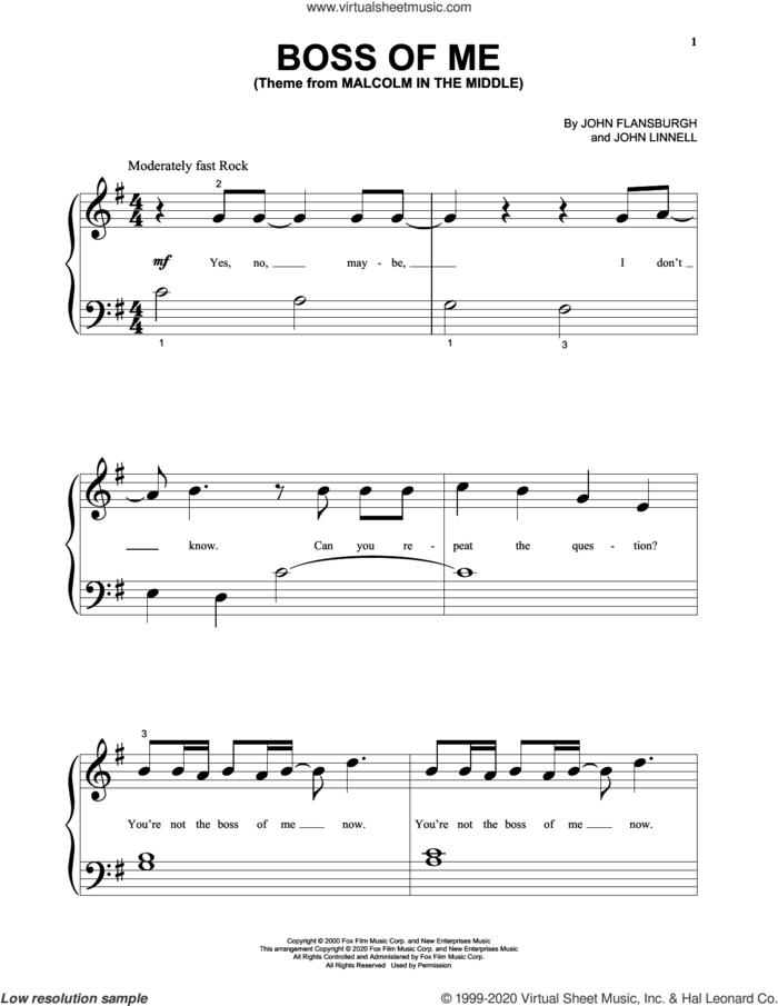 Boss Of Me (Theme From Malcolm In The Middle) sheet music for piano solo by John Flansburgh & John Linnell, John Flansburgh and John Linnell, beginner skill level