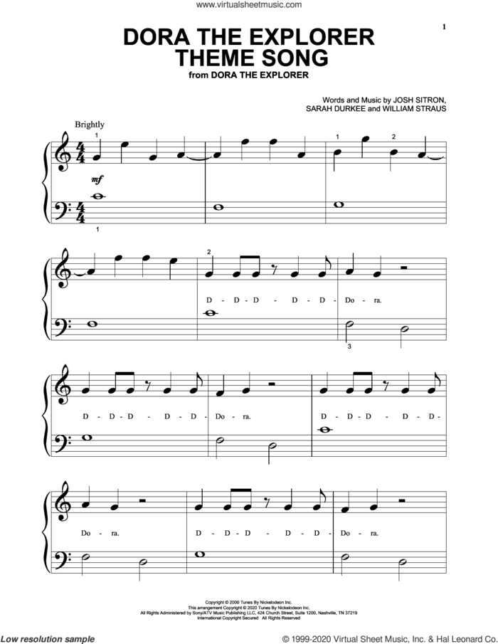 Dora The Explorer Theme Song sheet music for piano solo by Josh Sitron, Josh Sitron, Sarah Durkee and William Straus, Sarah Durkee and William Straus, beginner skill level
