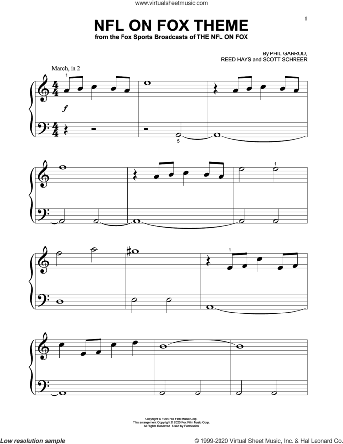 NFL On Fox Theme, (beginner) sheet music for piano solo by Phil Garrod, Phil Garrod, Reed Hays and Scott Schreer, Reed Hays and Scott Schreer, beginner skill level