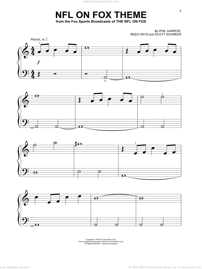 NFL On Fox Theme, (beginner) sheet music for piano solo by Phil Garrod, Phil Garrod, Reed Hays and Scott Schreer, Reed Hays and Scott Schreer, beginner skill level