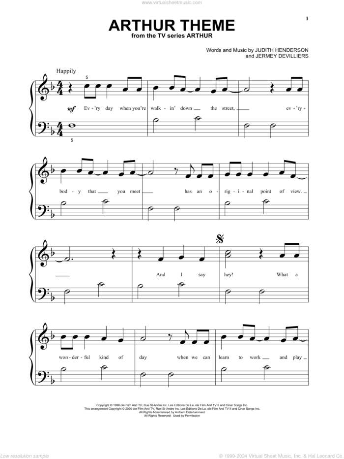 Arthur Theme sheet music for piano solo by Judith Henderson & Jermey Devilliers, Jermey Devilliers and Judith Henderson, beginner skill level