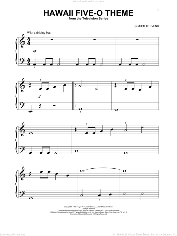 Hawaii Five-O Theme, (beginner) sheet music for piano solo by The Ventures and Mort Stevens, beginner skill level