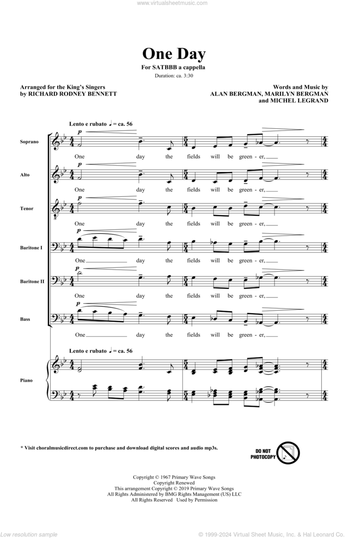 One Day (arr. Richard Rodney Bennett) sheet music for choir (SATB: soprano, alto, tenor, bass) by The King's Singers, Richard Bennett, Alan Bergman, Marilyn Bergman and Michel LeGrand, intermediate skill level