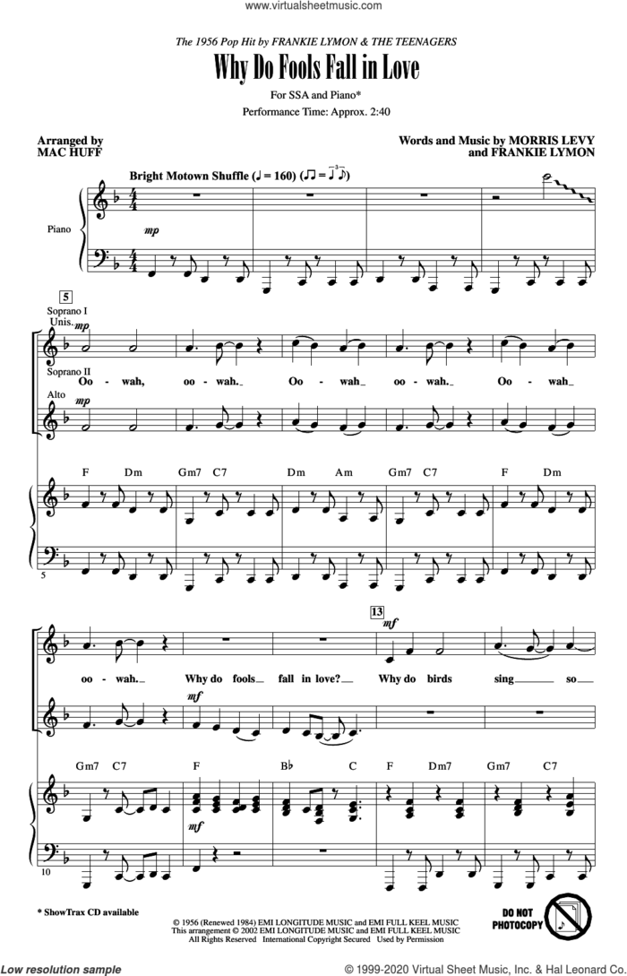 Why Do Fools Fall In Love (arr. Mac Huff) sheet music for choir (SSA: soprano, alto) by Frankie Lymon & The Teenagers, Mac Huff, Frankie Lymon and Morris Levy, intermediate skill level