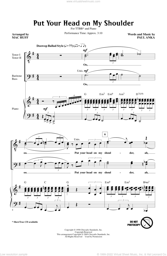 Put Your Head On My Shoulder (arr. Mac Huff) sheet music for choir (TTBB: tenor, bass) by Paul Anka, Mac Huff and Michael Buble, intermediate skill level