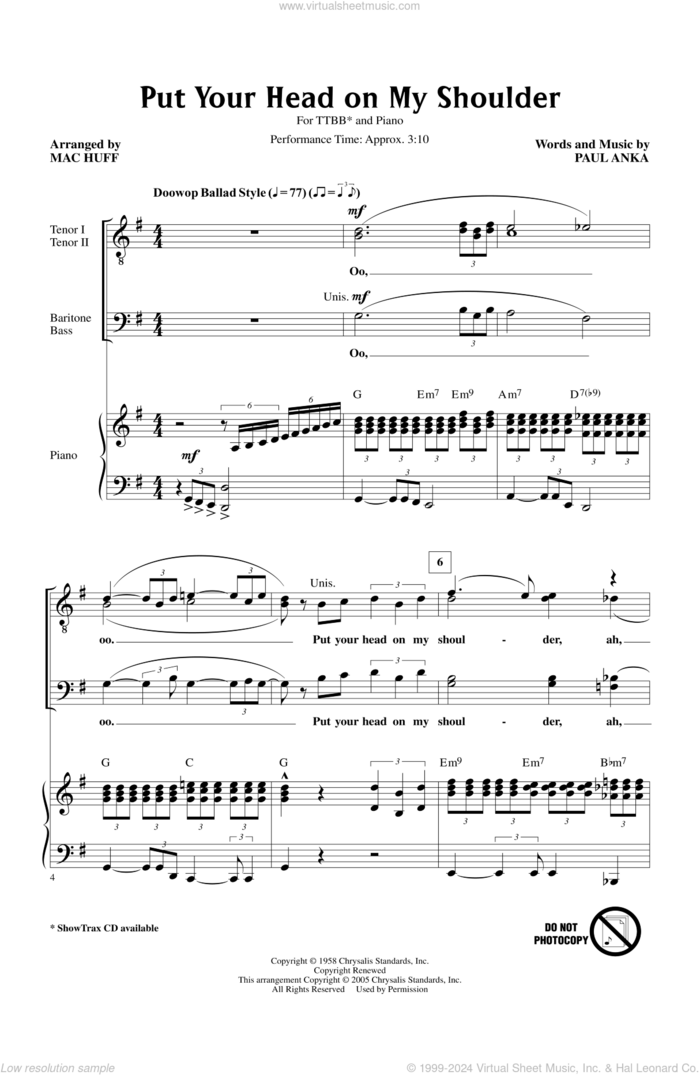 Put Your Head On My Shoulder (arr. Mac Huff) sheet music for choir (TTBB: tenor, bass) by Paul Anka, Mac Huff and Michael Buble, intermediate skill level