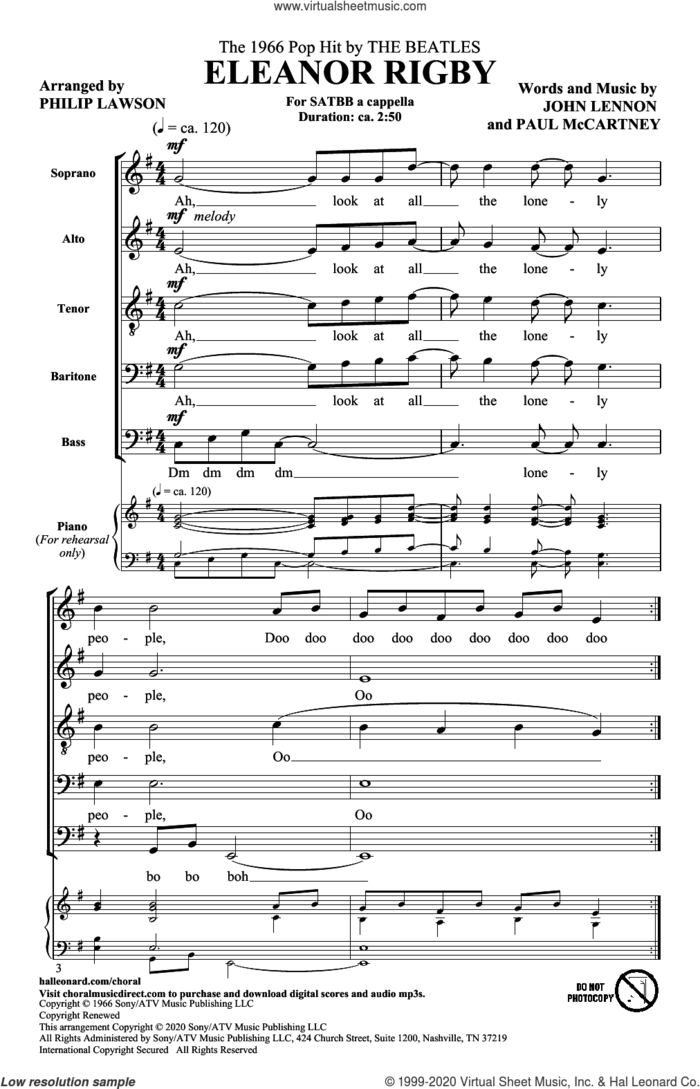 Eleanor Rigby (arr. Philip Lawson) sheet music for choir (SATB: soprano, alto, tenor, bass) by The Beatles, Philip Lawson, John Lennon and Paul McCartney, intermediate skill level