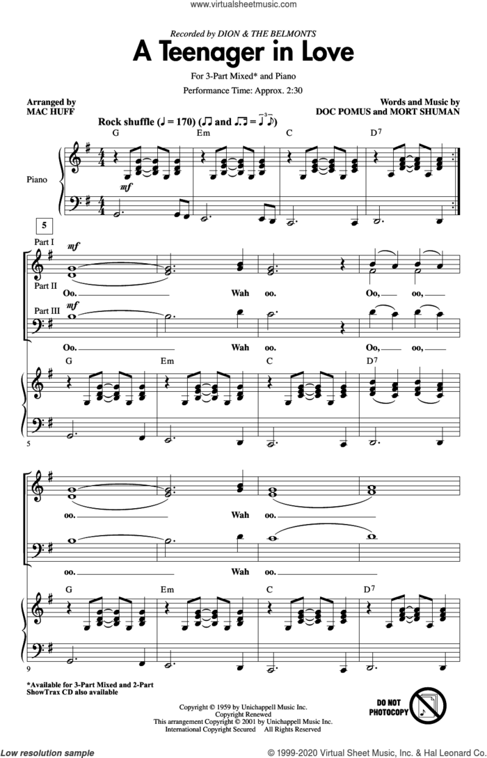 A Teenager In Love (arr. Mac Huff) sheet music for choir (3-Part Mixed) by Dion & The Belmonts, Mac Huff, Doc Pomus and Mort Shuman, intermediate skill level