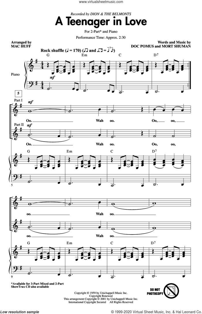 A Teenager In Love (arr. Mac Huff) sheet music for choir (2-Part) by Dion & The Belmonts, Mac Huff, Doc Pomus and Mort Shuman, intermediate duet