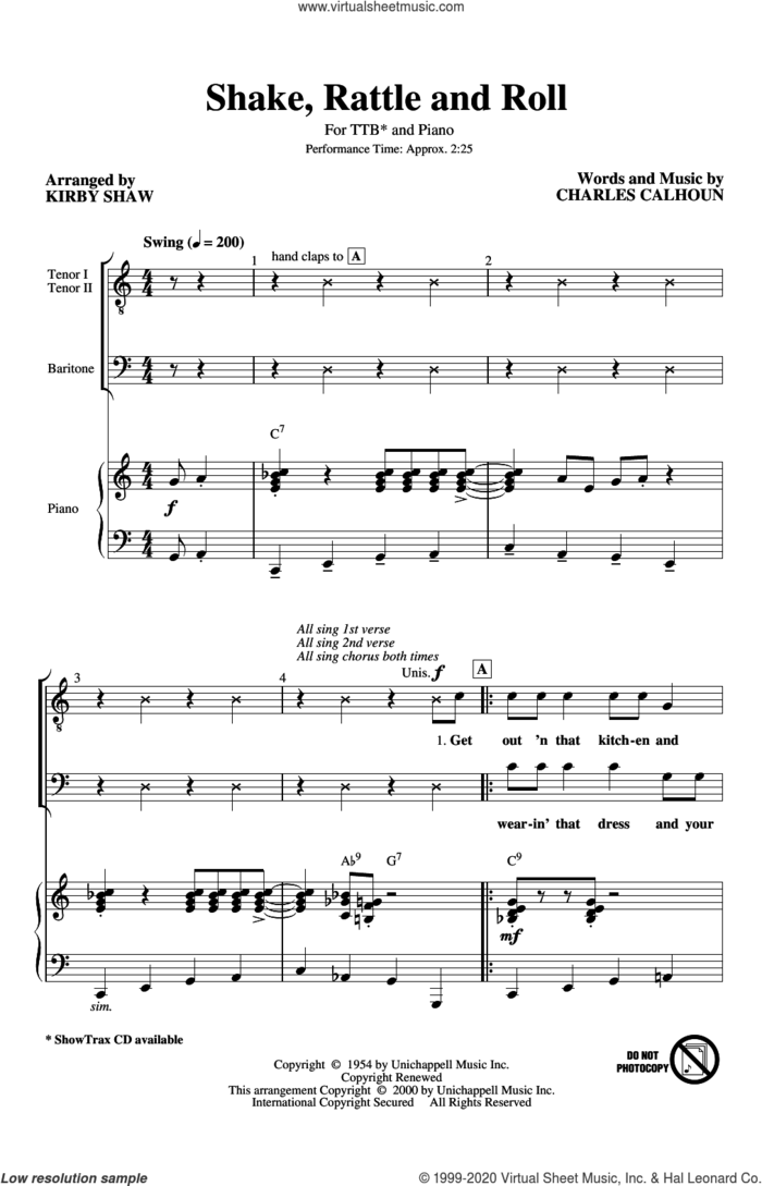 Shake, Rattle And Roll (arr. Kirby Shaw) sheet music for choir (TTBB: tenor, bass) by Bill Haley & His Comets, Kirby Shaw and Charles Calhoun, intermediate skill level
