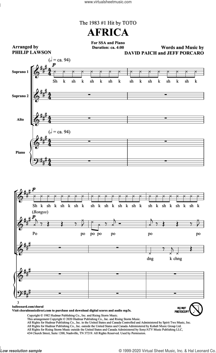 Africa (arr. Philip Lawson) sheet music for choir (SSA: soprano, alto) by Toto, Philip Lawson, David Paich and Jeff Porcaro, intermediate skill level
