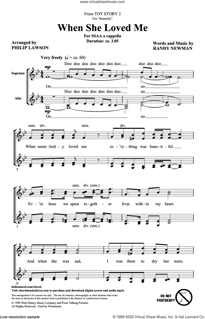 When She Loved Me (from Toy Story 2) (arr. Philip Lawson) sheet music for choir (SSA: soprano, alto) by Sarah McLachlan, Philip Lawson and Randy Newman, intermediate skill level
