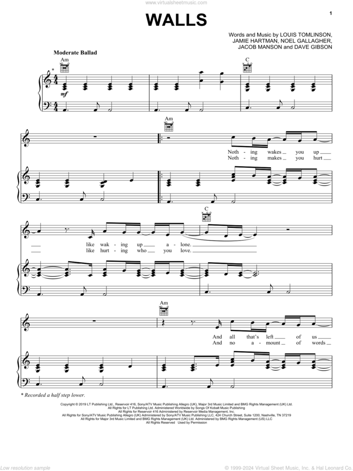 Walls sheet music for voice, piano or guitar by Louis Tomlinson, Dave Gibson, Jacob Manson, Jamie Hartman and Noel Gallagher, intermediate skill level