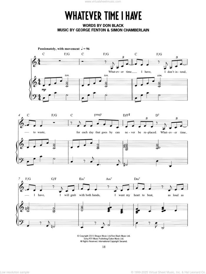 Whatever Time I Have (from Mrs Henderson Presents) sheet music for voice and piano by George Fenton, Simon Chamberlain, Don Black and Don Black, George Fenton & Simon Chamberlain, intermediate skill level