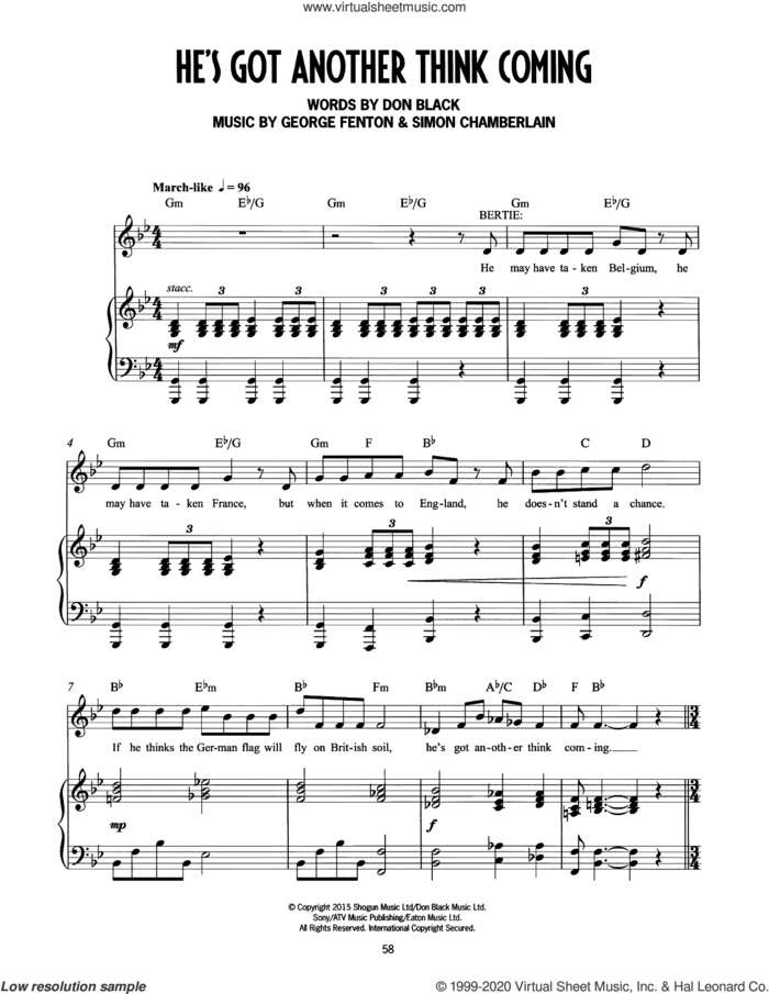 He's Got Another Thing Coming (from Mrs Henderson Presents) sheet music for voice and piano by George Fenton, Simon Chamberlain, Don Black and Don Black, George Fenton & Simon Chamberlain, intermediate skill level