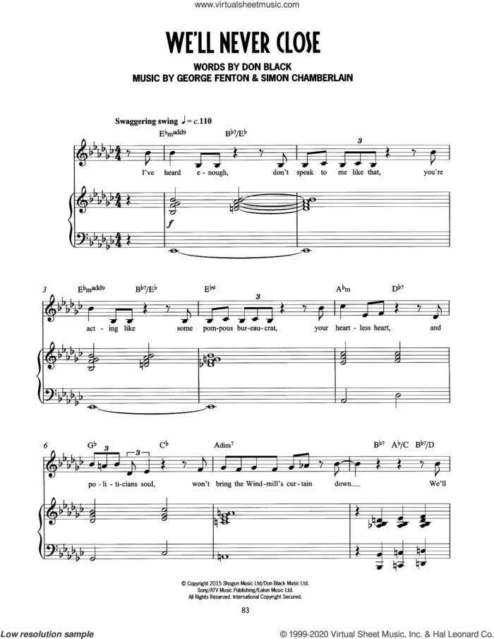 We'll Never Close (from Mrs Henderson Presents) sheet music for voice and piano by George Fenton, Simon Chamberlain, Don Black and Don Black, George Fenton & Simon Chamberlain, intermediate skill level