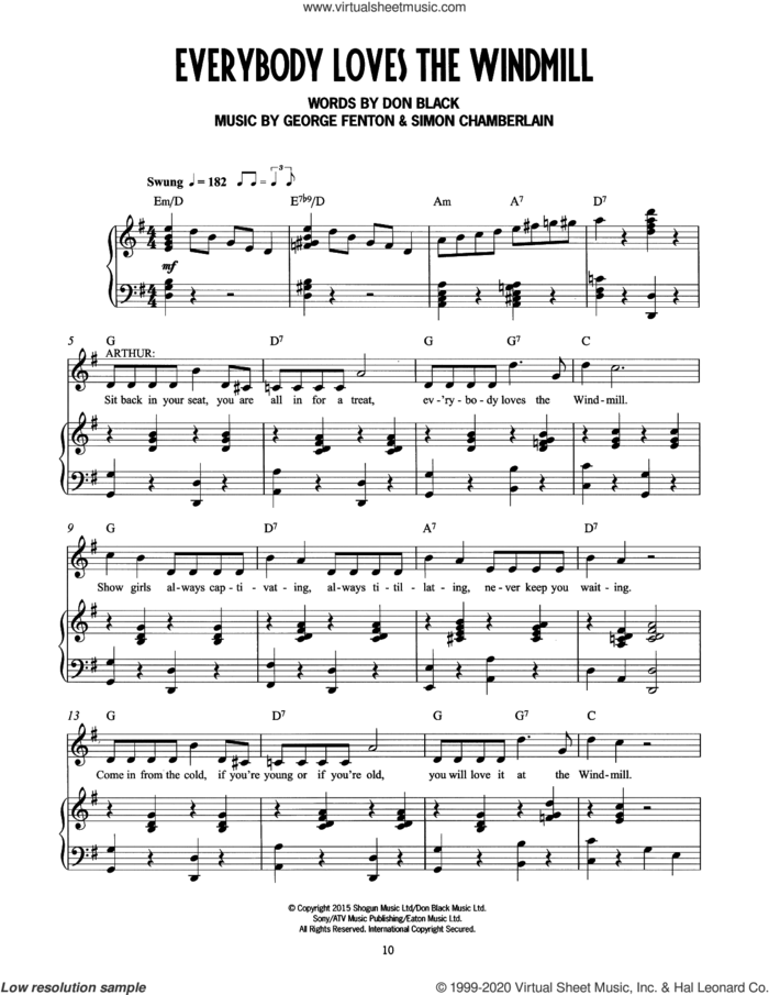 Everybody Loves The Windmill (from Mrs Henderson Presents) sheet music for voice and piano by George Fenton, Simon Chamberlain, Don Black and Don Black, George Fenton & Simon Chamberlain, intermediate skill level