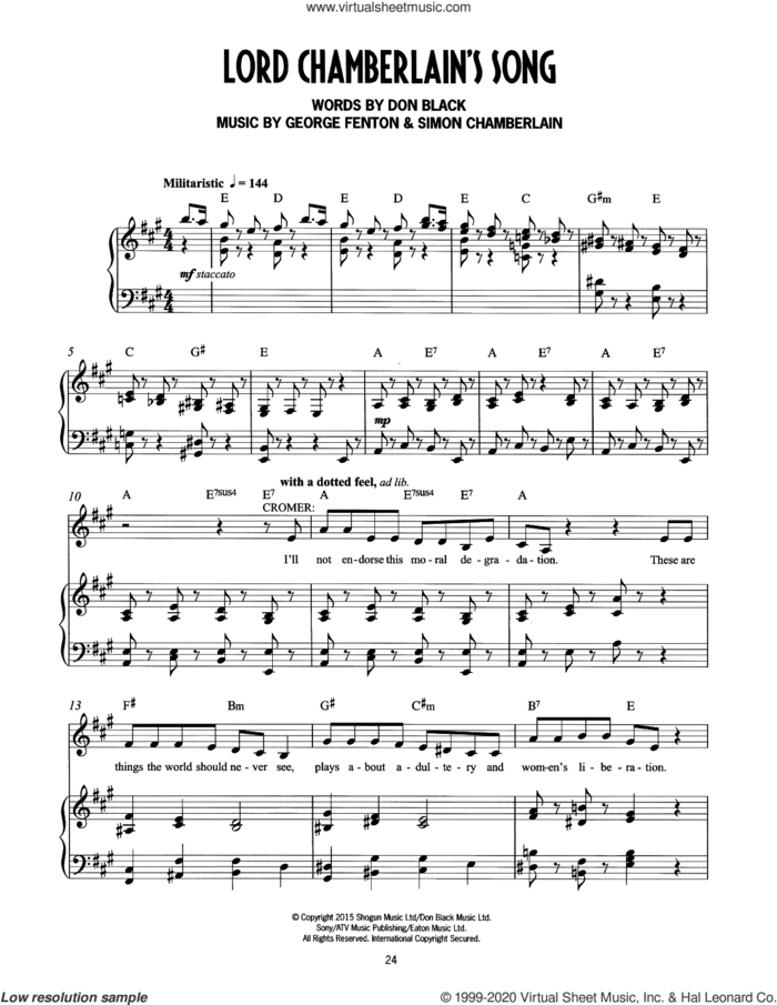 Lord Chamberlain's Song (from Mrs Henderson Presents) sheet music for voice and piano by George Fenton, Simon Chamberlain, Don Black and Don Black, George Fenton & Simon Chamberlain, intermediate skill level