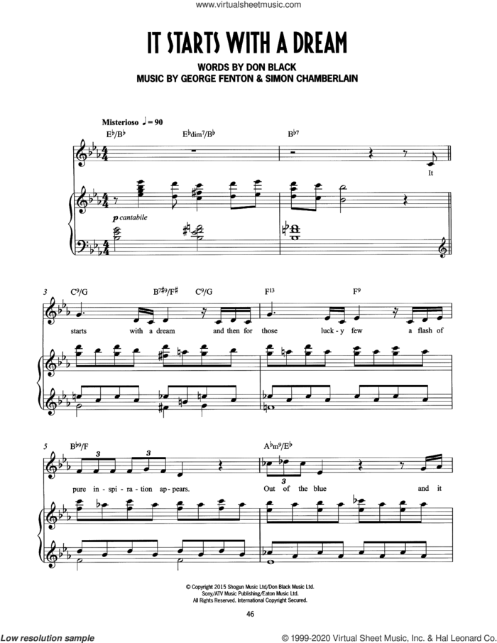 It Starts With A Dream (from Mrs Henderson Presents) sheet music for voice and piano by George Fenton, Simon Chamberlain, Don Black and Don Black, George Fenton & Simon Chamberlain, intermediate skill level