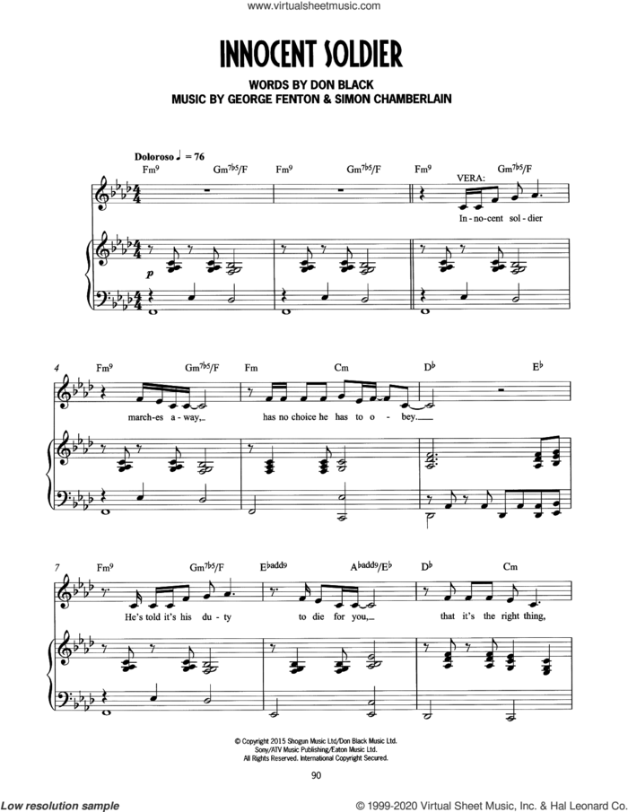 Innocent Soldier (from Mrs Henderson Presents) sheet music for voice and piano by George Fenton, Simon Chamberlain, Don Black and Don Black, George Fenton & Simon Chamberlain, intermediate skill level
