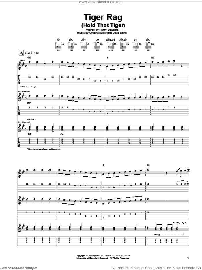 Tiger Rag (Hold That Tiger) sheet music for guitar (tablature) by Harry DeCosta, Django Reinhardt and Original Dixieland Jazz Band, intermediate skill level