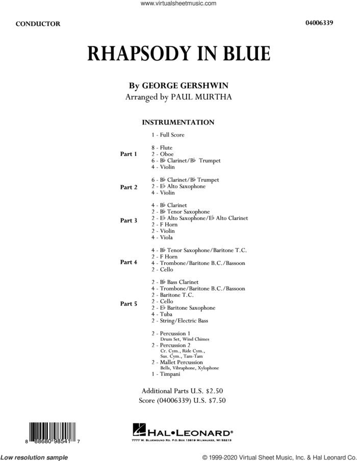 Rhapsody in Blue (arr. Paul Murtha) (COMPLETE) sheet music for concert band by George Gershwin and Paul Murtha, intermediate skill level