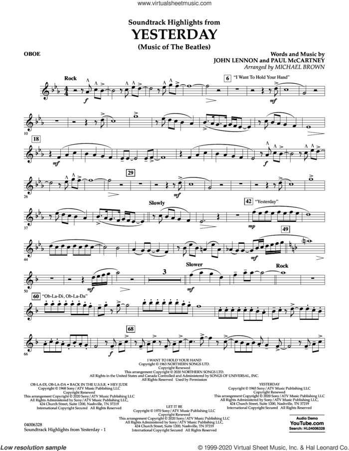 Highlights from Yesterday (Music Of The Beatles) (arr. Michael Brown) sheet music for concert band (oboe) by The Beatles, Michael Brown, John Lennon and Paul McCartney, intermediate skill level