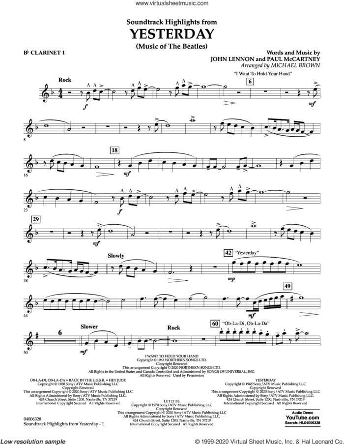 Highlights from Yesterday (Music Of The Beatles) (arr. Michael Brown) sheet music for concert band (Bb clarinet 1) by The Beatles, Michael Brown, John Lennon and Paul McCartney, intermediate skill level