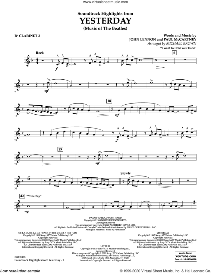 Highlights from Yesterday (Music Of The Beatles) (arr. Michael Brown) sheet music for concert band (Bb clarinet 3) by The Beatles, Michael Brown, John Lennon and Paul McCartney, intermediate skill level