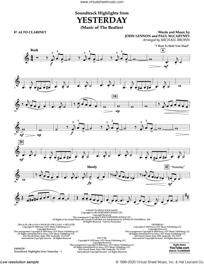 Highlights from Yesterday (Music Of The Beatles) (arr. Michael Brown) sheet music for concert band (Eb alto clarinet) by The Beatles, Michael Brown, John Lennon and Paul McCartney, intermediate skill level