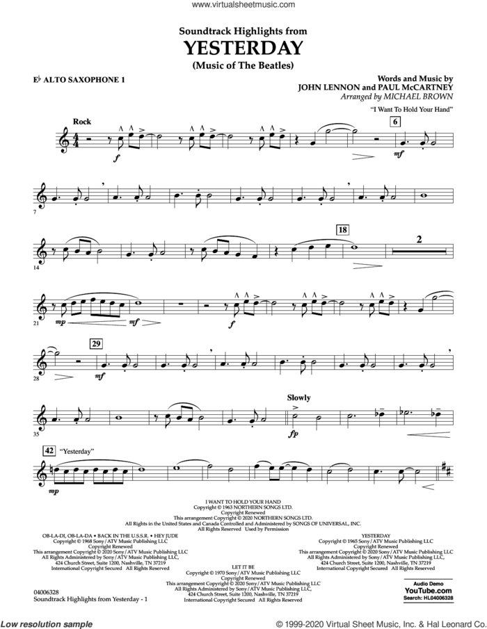 Highlights from Yesterday (Music Of The Beatles) (arr. Michael Brown) sheet music for concert band (Eb alto saxophone 1) by The Beatles, Michael Brown, John Lennon and Paul McCartney, intermediate skill level