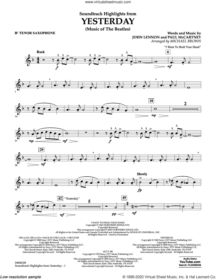 Highlights from Yesterday (Music Of The Beatles) (arr. Michael Brown) sheet music for concert band (Bb tenor saxophone) by The Beatles, Michael Brown, John Lennon and Paul McCartney, intermediate skill level