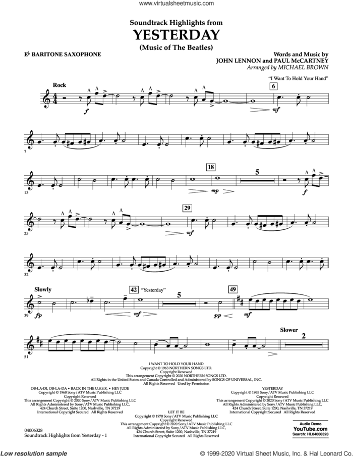 Highlights from Yesterday (Music Of The Beatles) (arr. Michael Brown) sheet music for concert band (Eb baritone saxophone) by The Beatles, Michael Brown, John Lennon and Paul McCartney, intermediate skill level