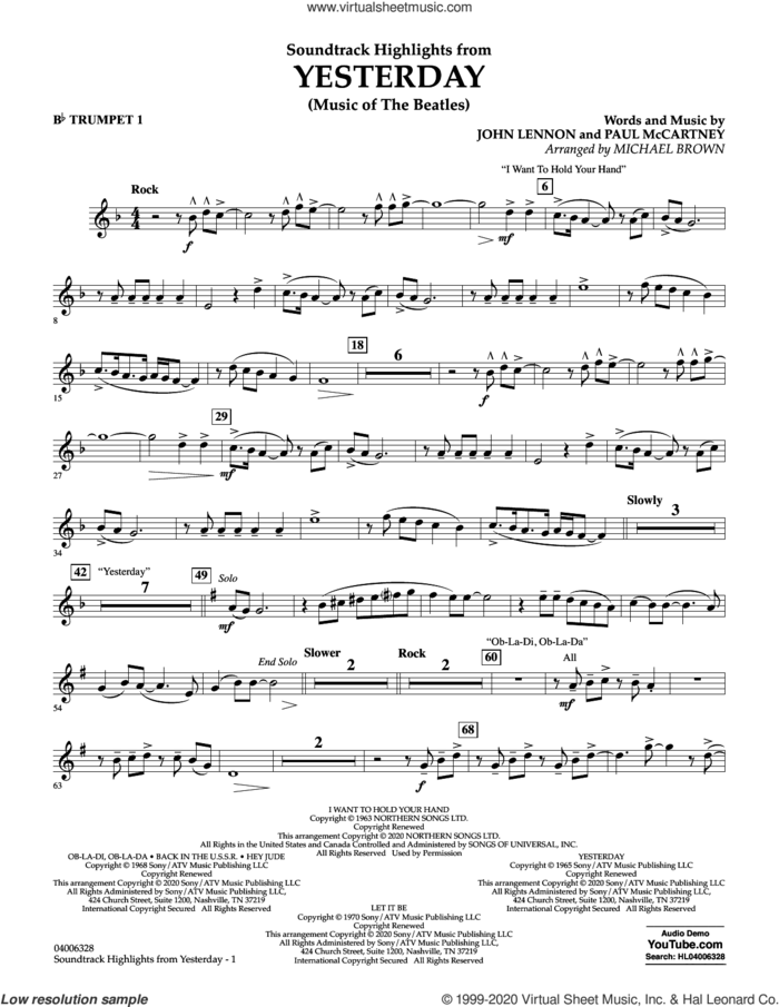 Highlights from Yesterday (Music Of The Beatles) (arr. Michael Brown) sheet music for concert band (Bb trumpet 1) by The Beatles, Michael Brown, John Lennon and Paul McCartney, intermediate skill level