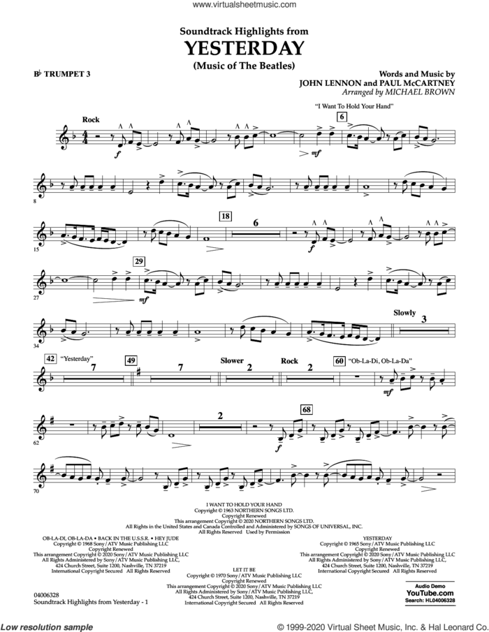 Highlights from Yesterday (Music Of The Beatles) (arr. Michael Brown) sheet music for concert band (Bb trumpet 3) by The Beatles, Michael Brown, John Lennon and Paul McCartney, intermediate skill level