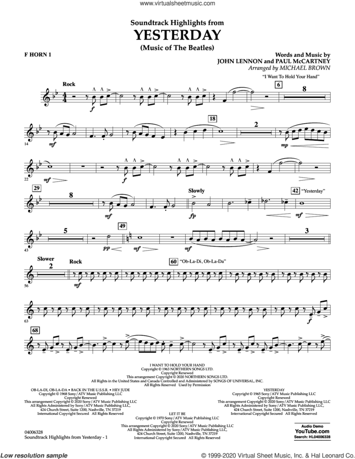Highlights from Yesterday (Music Of The Beatles) (arr. Michael Brown) sheet music for concert band (f horn 1) by The Beatles, Michael Brown, John Lennon and Paul McCartney, intermediate skill level