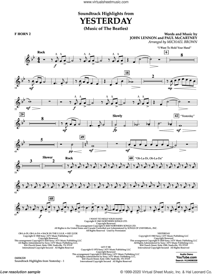 Highlights from Yesterday (Music Of The Beatles) (arr. Michael Brown) sheet music for concert band (f horn 2) by The Beatles, Michael Brown, John Lennon and Paul McCartney, intermediate skill level